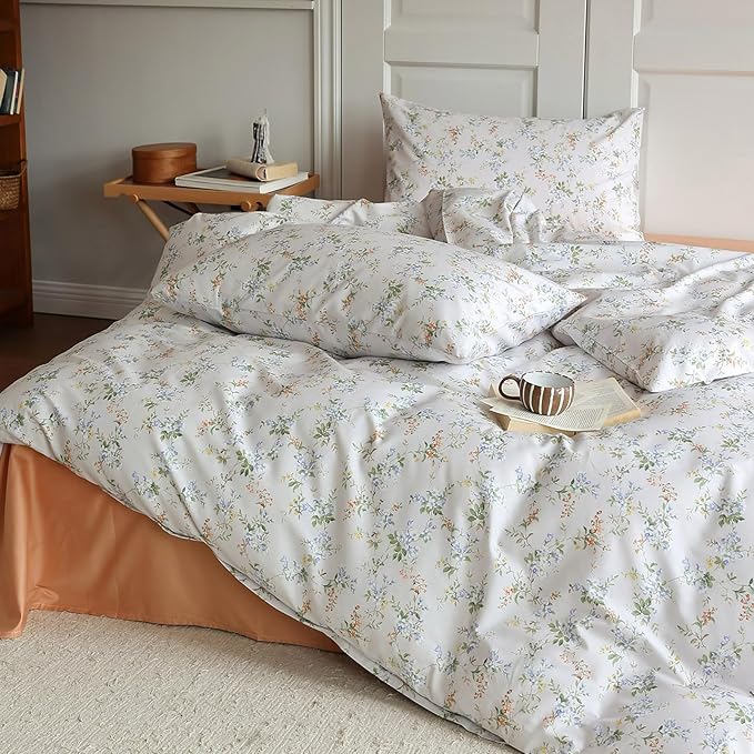 HighBuy Garden Style Floral Duvet Cover Twin Chic Yellow Blue Floral Botanical Bedding Set Twin Cozy Cotton Flower Botanical Comforter Cover 2 Pillowcases Aesthetic Floral Duvet Cover Set