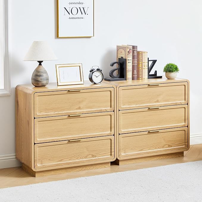 Modern Nightstand Set of 2 for Bedroom, 26'' Wide Wood 3 Drawers Bedside Table, Large Dresser w/Curved Profile Design, Side Table, End Table with Storage Drawers for Living Room, Entryway, Natural