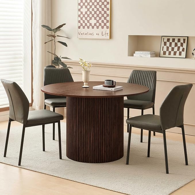 Dining Table Set for 4, 47" Wooden Round Kitchen Table with PU Leather Chairs for Kitchen Room and Small Spaces(Walnut Table + 4 Dakr Grey Chairs)