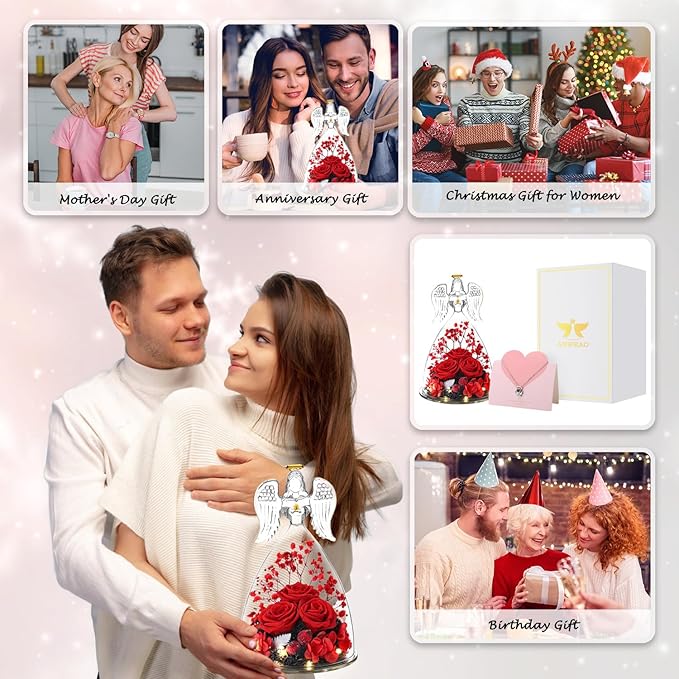 Christmas Angel Gifts for Women,Preserved Flowers Rose in Glass Angel Figurines Flowers for Delivery,Preserved Three Red Rose with Lights,Christmas Birthday Gifts for Grandma Mom Wife Her Sister
