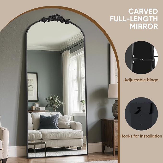 Antok Arched Full Length Mirror, 71"x32" Floor Mirror with Carved, Full Body Mirrors for HomeDecor, Standing/Halling Large Wall Mirror for Bedroom, Living Room, Cloakroom, Black, Retro Style