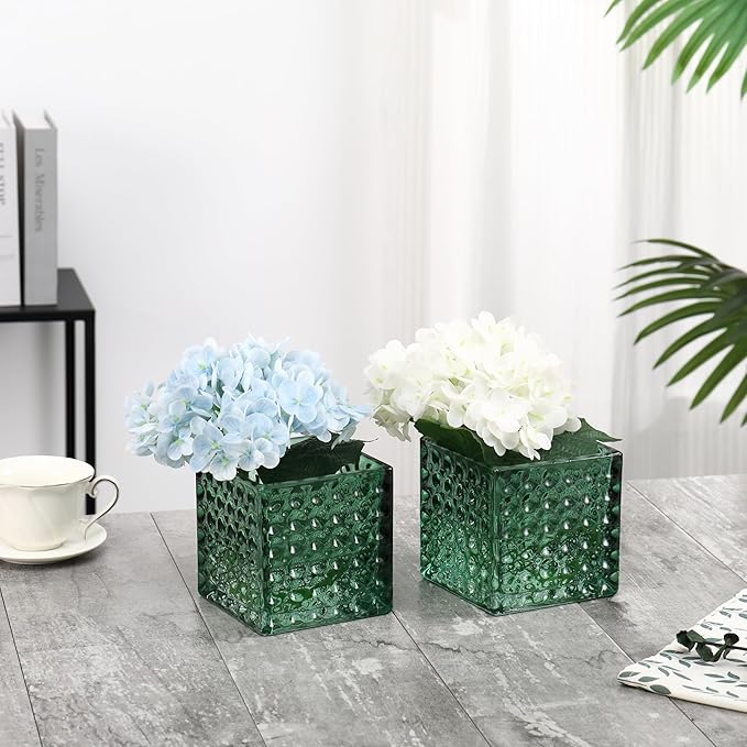 Square Vases Set of 6, 5" x 5" x 5" Square Glass Vases for Flowers, Green Flower Vase for Centerpieces, Small Bubble Vase for Wedding, Party, Home, Office, Parties, Events