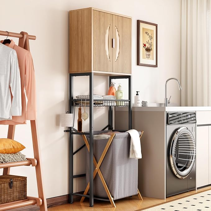 Kalrin Over The Toilet Storage Cabinet with Fluted Wave Doors and Adjustable Shelf, Wood Over Toilet Storage Rack with Drain Basket, Freestanding Bathroom Organizer for Balcony Laundry, Wood & Black