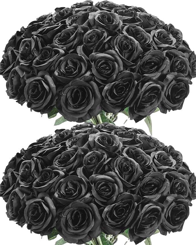 50pcs Artificial Roses Flowers in Bulk,Realistic Silk Fake Rose with Long Stem for Wedding Centerpieces Bouquet Party Floral Arrangement Home Decoration(Black)
