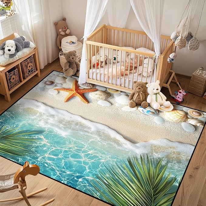 4'x6' Beach Rug Starfish Seashell Area Rugs for Bedroom Living Room Kitchen Nursery Playroom Home Decor Ocean Sea Wave Carpt 3D Non Slip Washable Throw Rug Coastal Seaside Floor Mat