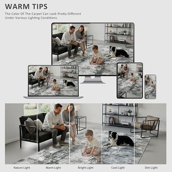 Merelax Washable Area Rugs 8'x10' Grey Abstract Rug for Living Room Bedroom Entryway Nursery, Dining Room and Farmhouse Rug, Non-Slip Modern Indoor Low Pile Soft Floor Carpet, Gray Print Pattern