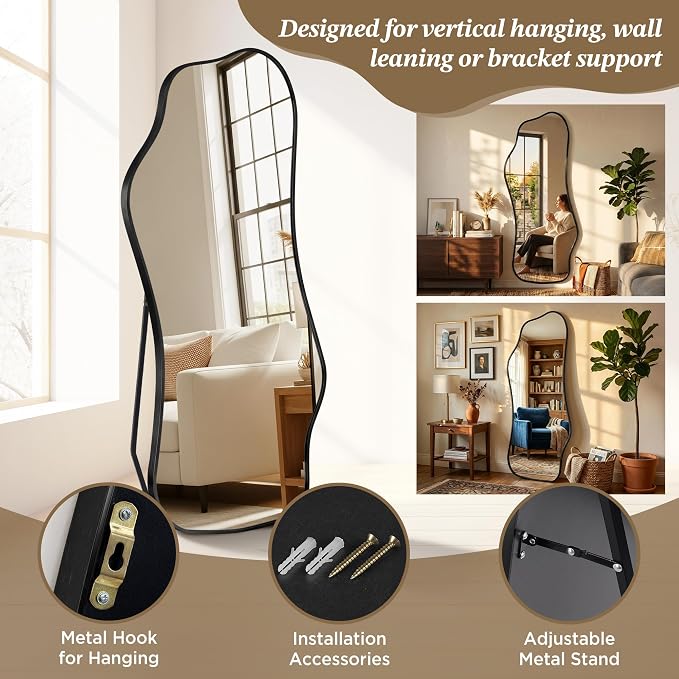Mirror Full Length - Irregular Full Body Mirror Standing or Leaning or Wall Hanging 62.2"x 22.8" Asymmetrical Aviation Aluminum Alloy Frame Unique for Bedroom, Living Room, Cloakroom, Entryway