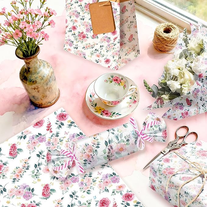 50 Sheet Pink Flower Tissue Paper Rose Floral Gift Wrapping Paper Watercolor Wildflower Patterned Tissue Papers for Gift Wrap DIY Crafts Packaging Wedding Bithday Party Supplies