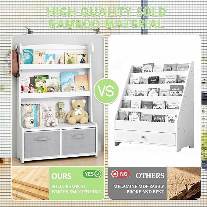 Kids Bookshelf and Toy Storage Organizer, 3 Tier Bamboo Todders Book Shelf Large Book Rack for Child Room Playroom Nursery for Kids, Children, Toddlers (White)