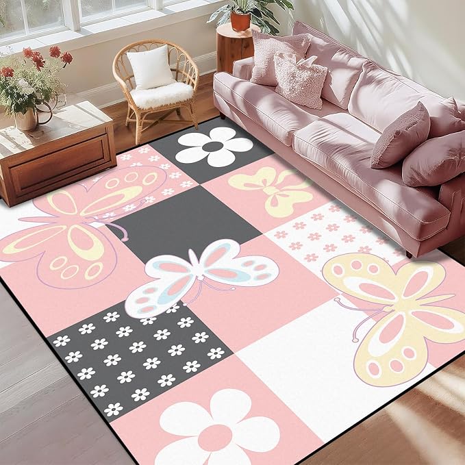 5'x7' Butterfly Area Rug Pink Butterfly Checkered Rugs for Bedroom Living Room Nursery Kitchen Playroom Home Decor Cute Flower Carpet Washable Non Slip Floor Mat