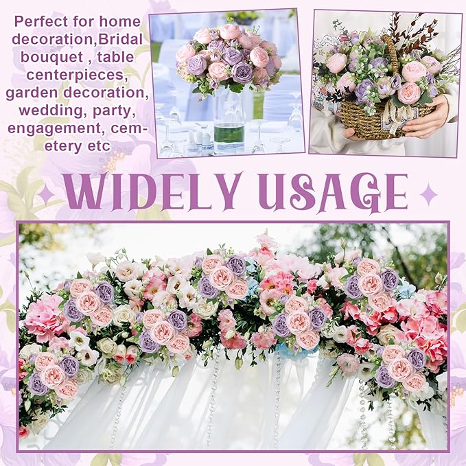 8 Pack Pink, Purple Peonies Artificial Flowers, Fake Silk Hydrangea Bouquet for Bridal Wedding Home Table Decor Reusable Dining Opening Ceremony Birthday Arrangement Faux Floral
