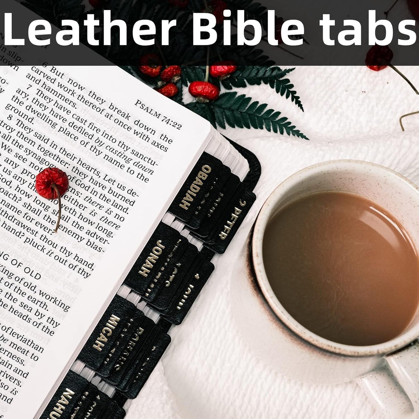 UPAFEXXI Leather Bible Tabs - Large Print Stickers with Gold Foil Lettering | Easy Navigation Labels (Black)