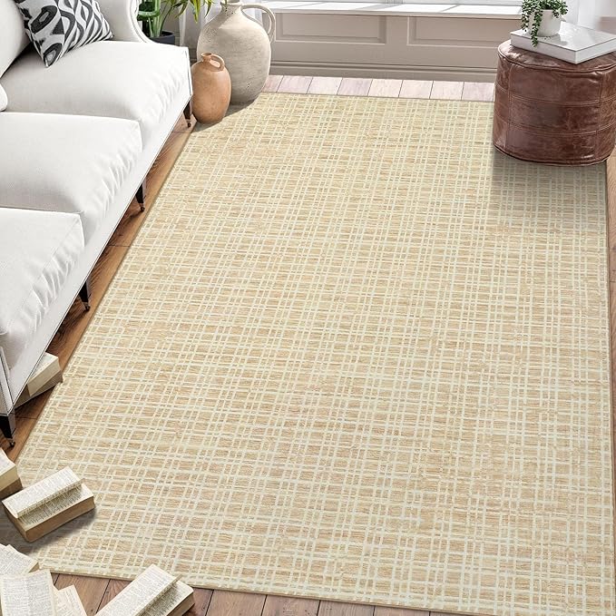 Washable Area Rugs 4x6 Rug for Living Room Bedroom Rugs Modern Plaid Entryway Rug Non Slip Soft Faux Wool Low Pile Stain Resistant Carpet for Dining Room Nursery 4'x6' Yellow