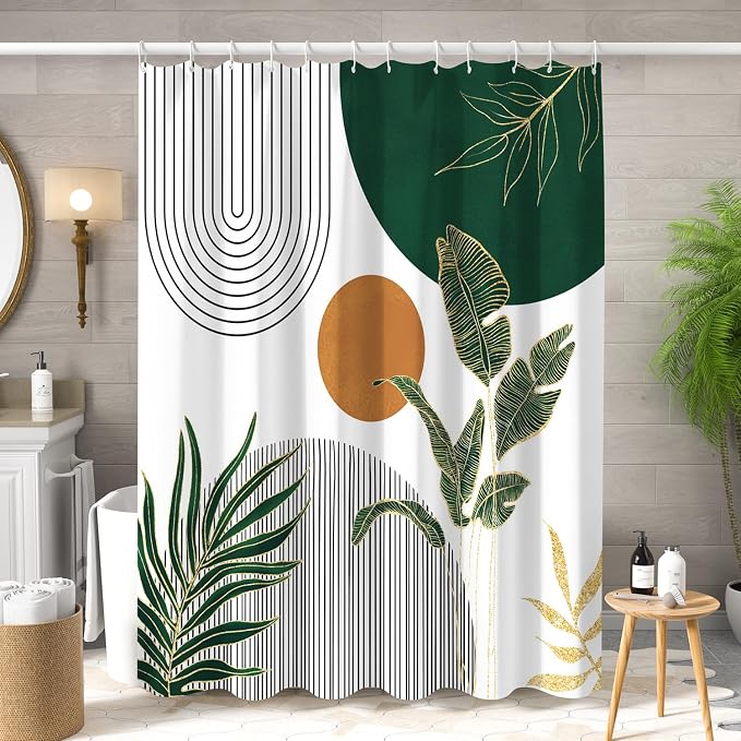 Mid Century Boho Shower Curtain, Abstract Modern Sun Minimalist Aesthetic Shower Curtain, Bohemian Geometric Arch Curve Leaves Neutral Art Fabric Bathroom Curtains Green 60x72 inch