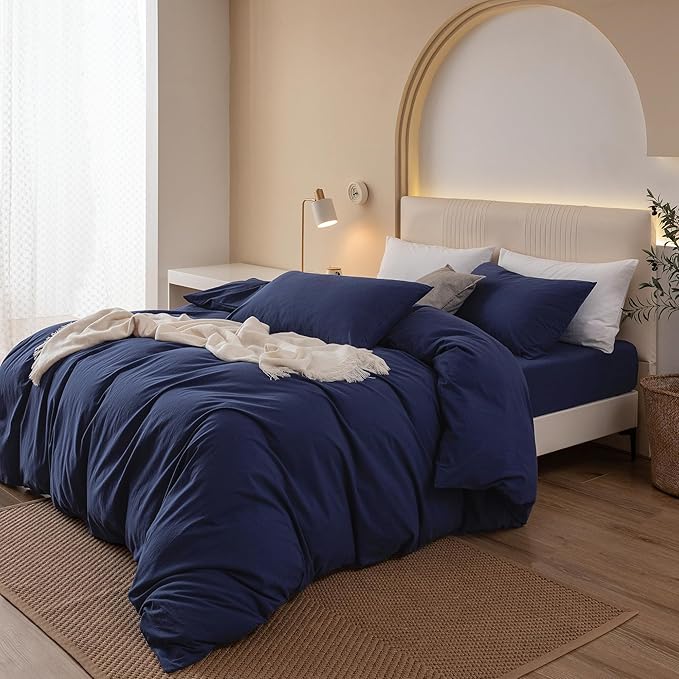 JIYUAN 100% Washed Cotton Duvet Cover Set 2 Pieces Twin, 1 Duvet Cover 68x90 Inches(Comforter Not Included) and 1 Pillowcases,Linen Feel Bedding Set Comfy and Breathable,Navy Blue