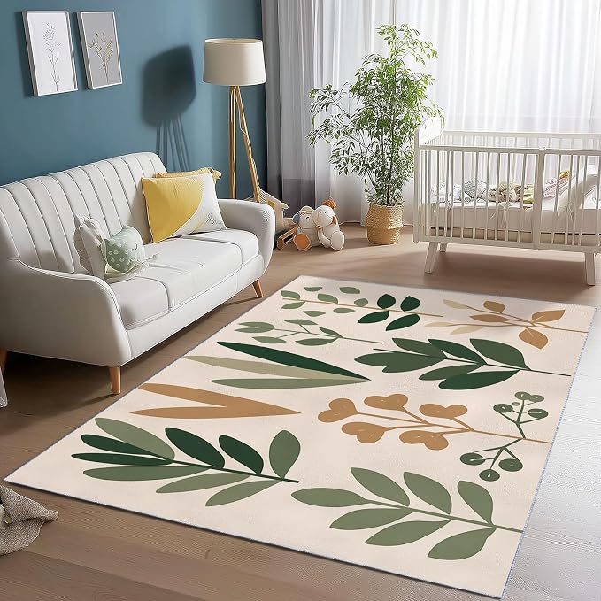 Area Rugs for Living Room, 4x5 Washable Rug Green Soft Low Pile Non-Slip Carpet Stain Resistant Carpets for Bedroom Dining Room Farmhouse Nursery, Retro Leaves Bohemian Plants