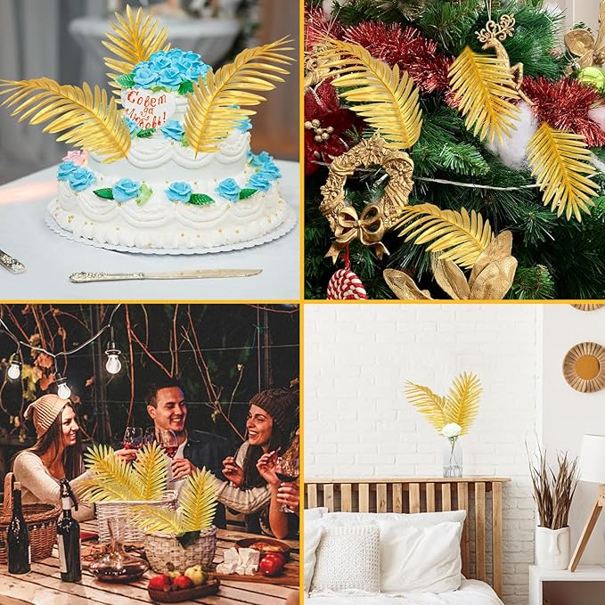 CCINEE 16 PCS Artificial Palm Leaves, Golden Faux Large Palm Fronds Fake Tropical Plant Simulation Safari Leaves with Stems for Home Hawaiian Luau Party Jungle Beach Theme Party Decoration