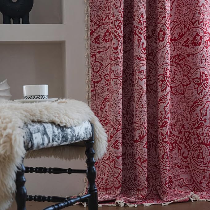 ENJOYBRIDAL Red Paisley 63 Inch Curtains for Bedroom Boho Drapes Semi Sheer Rod Pocket 2 Panels Short Window Curtain Panels for Living Room Farmhouse Jacquard Decorative Vintage Window Treatments
