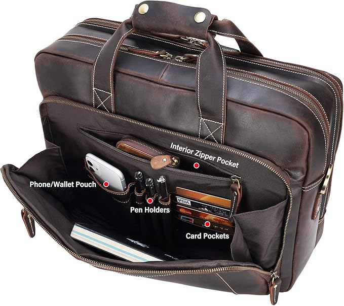 compalo Men's Solid Thick Full Grain Leather 17.3" Laptop Briefcase Classic Messenger Bag Fit Business Travel | Solid, Thick, Full Grain Leather, 17.3", Classic, Fit, Business Travel