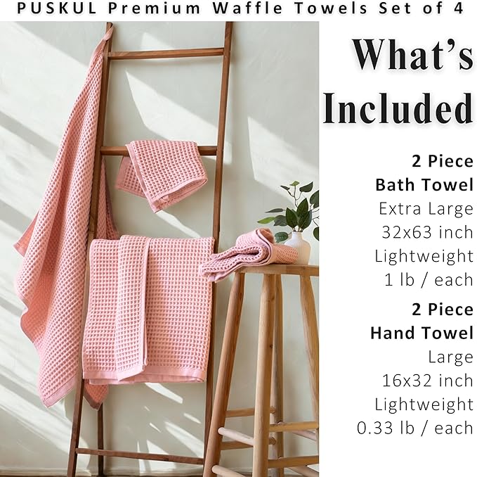 PÜSKÜL 4-Piece Natural 100% Turkish Cotton Luxury Waffle Towels for Bathroom | Premium Quality Honeycomb Weave 2 Hand Towel & 2 Bath Towel Set | Soft Absorbent Quick-Dry Lightweight Towels (Pink)