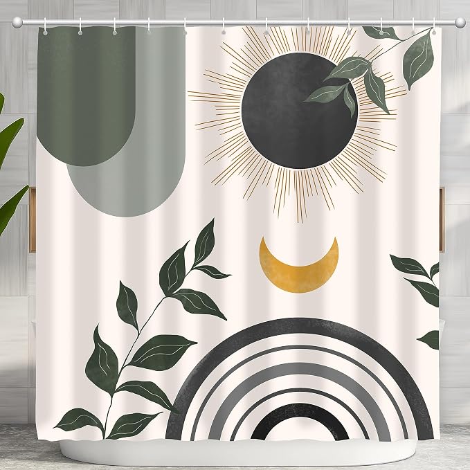 Mid Century Abstract Boho Aesthetic Shower Curtain Set, Gray Nature Leaf Sun Modern Minimalist Home Bathroom Curtain Decor with 12 Hooks 84 Inch Wide * 72 Inch High Grey