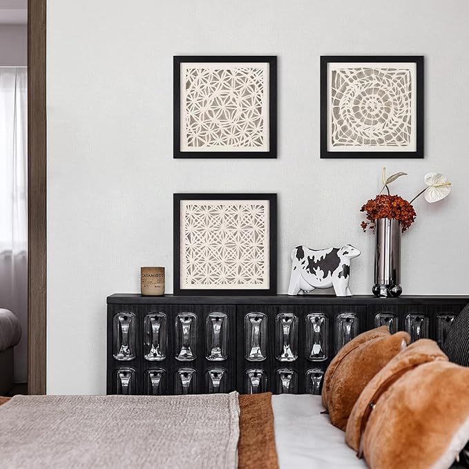 FOLKOR Abstract Framed Black and White Wall Art for Hallway Entryway Staircase, 12" Natural Rice Paper Geometric Wall Decor, Unique Room Aesthetic Artwork Wall Panel for Farmhouse Living Room Book Shop