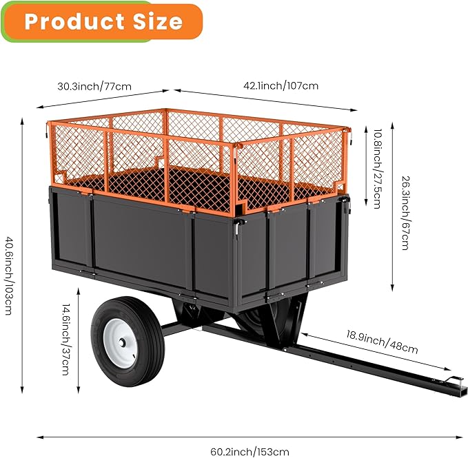 ATV UTV Trailer, Garden Utility Trailer Tow Behind Dump Trailers, 17 Cu.Ft Capacity & Heavy Duty 750 Lbs Steel Dump Cart, with Foldable Mesh Fence, Yard Garden Trailers for Lawn Mower Tractor