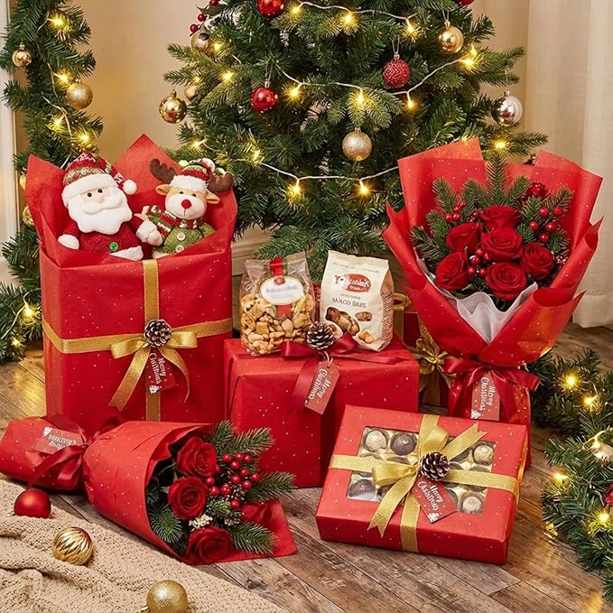 Qilery 500 Sheets Christmas Glitter Red Tissue Paper Bulk 15 x 20 Inch Sparkle Wrapping Paper for Gift Bags Acid Free Tissue for Christmas Craft Supplies, Bouquets, Garlands, Forming Pompoms, Wedding