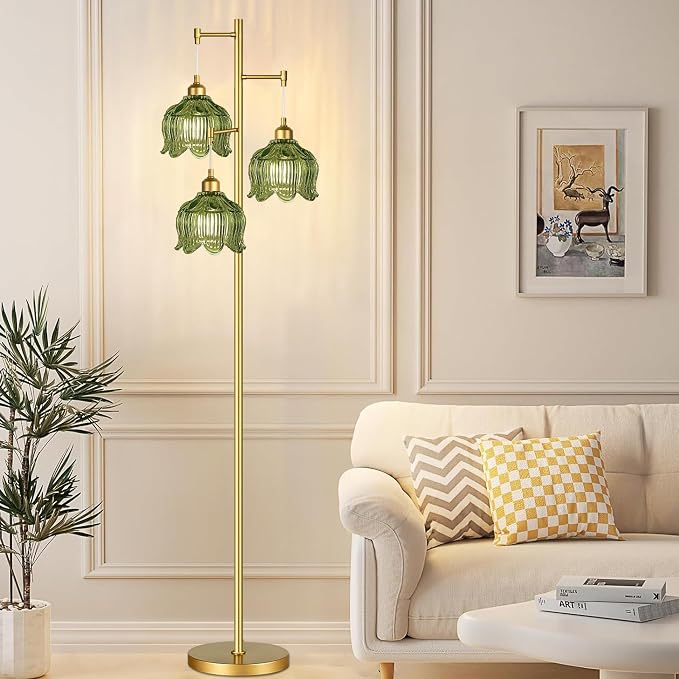 ILLMTW Glass Floor Lamp for Living Room,Bedroom,Gold Mid Century Modern Standing Lamp Brass Tree 3 Light Tall Floor Lamps Vintage Retro Floor Lights Green Flower Lamp Shade Farmhouse Boho Bohemian