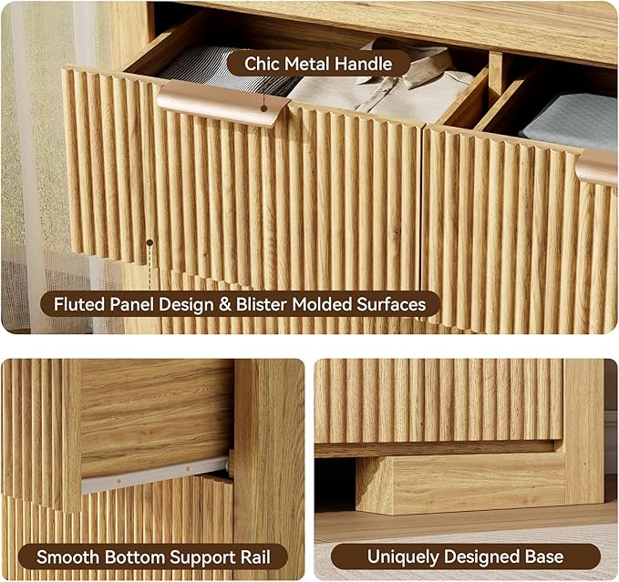 Fluted Dresser for Bedroom, 7 Drawer Dresser with Gold Handle, 54" Wide Chest of Drawers, Modern Wood Dressers Organizer for Bedroom, Liveroom, Entryway, Natural Oak