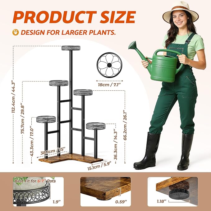 Black Wood Stand Plants, 5 Tiered Corner Metal Plant Stands Tall Indoor,Heavy Duty Flower Pot Stands for Multiple Plants,Decoration Display Racks for Patio Garden -BlackFlower