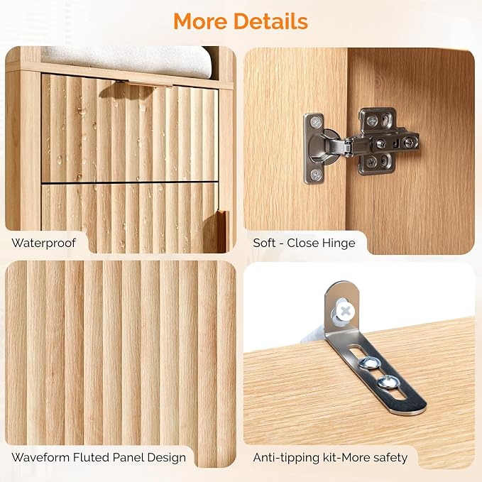 VINGLI Narrow Fluted Bathroom Floor Skinny Storage Cabinet with 1 Fluted Door&Drawer,68" Tall Narrow12 Inch Deep Slim Bathroom Storage Cabinet for Small Space w/3 Adjustable Shelves,Natural Oak Color