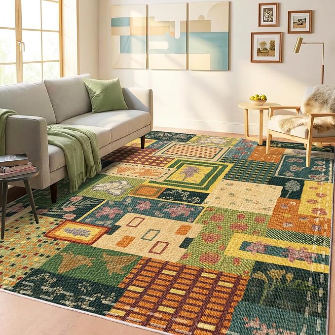 6x9 Flowers Patchwork Area Rugs for Living Room, Large Soft Faux Wool Rug for Bedroom, Green Boho Carpet, Non-Slip Low Pile Washable Rug for Dining Room Office Home Hardwood Floor
