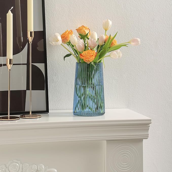 Blue Glass Vase for Flower, Flower Vase for Bouquet, Modern Glass Vases, Ribbed Vases for Living Room, Bedroom, Dining Table, Office, Wedding, Centerpieces, 8 Inches