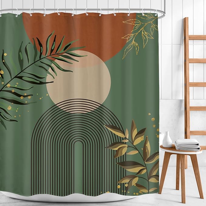 Boho Dark Green Shower Curtain 60Wx72H Abstract Bohemian Mid Century Minimalist Teal Gold Leaf Arch Geometric Plant Neutral Bathroom Decor Botany Bath Curtain Fabric Polyester 12 Pack Hooks