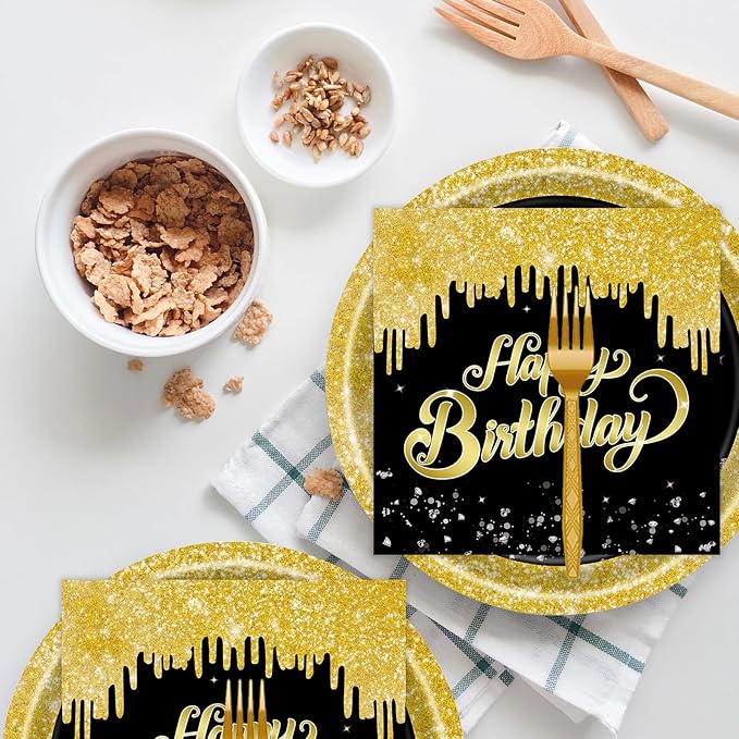 72 Pcs 80th Birthday Paper Plates and Napkins Party Supplies, Back Gold 80th Birthday Party Plates and Napkins Tableware Set for Men Women Cheers to 80 Years Decorations Serves 24