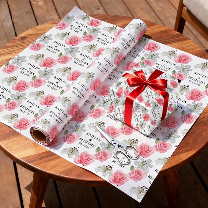 Fosteonix Custom Blooming Love Gift Wrapping Paper, Ideal for Couples Women Men, Personalized Floral Wrapping Paper for Christmas Birthday Wedding Party 58" x 23" Gift Wrap Roll