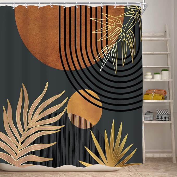 KOMLLEX Mid Century Brown Black Boho Shower Curtain 72Wx72L Inches Abstract Modern Shower Curtain for Bathroom Decor Plant Botanical Minimalist Arch Sun Fabric Liner Waterproof Polyester 12 Pack Hooks