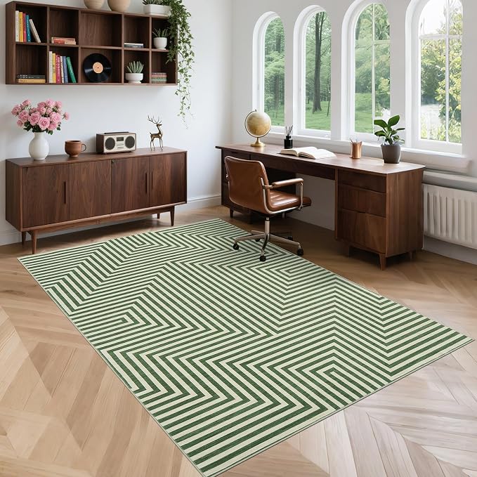 6x9 Washable Area Rugs for Living Room Modern Geometric Rug Non Slip Abstract Lines Soft Bedroom Carpet Low Pile Floor Mats for Bedroom Dining Home Office, Green