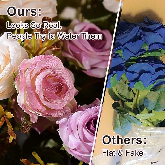 Artificial Rose Flowers for Outdoor 4 Bundles Rose Bouquet with Daisy Faux Flowers UV Resistant for Home Indoor Outside Garden Porch Window Box Balcony Yard Porch Fall Decor (White+Purple)