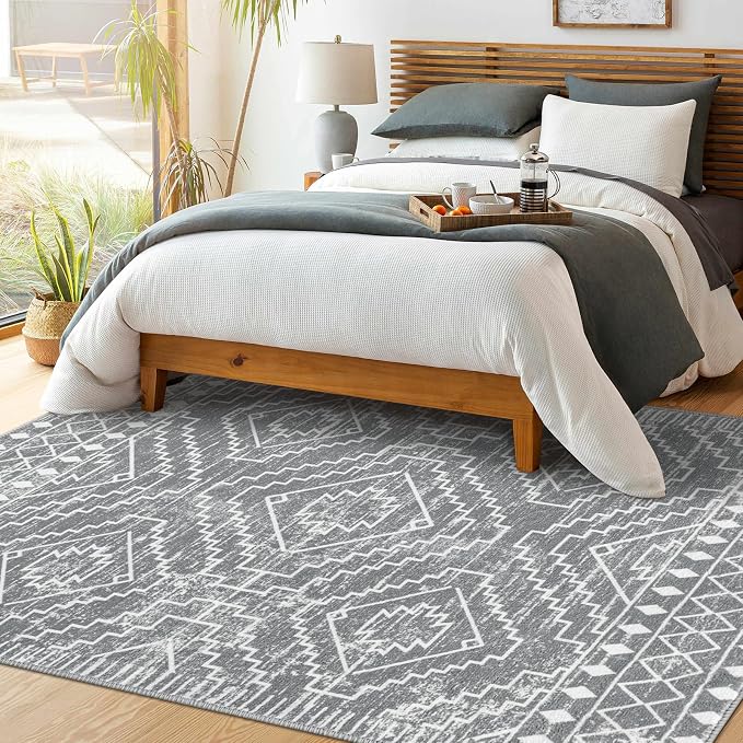 Wonnitar Moroccan Gray Area Rugs for Living Room, Washable 5x7 Boho Bedroom Rugs, Non-Slip Large Soft Dining Room Throw Mat, Floor Carpet for Basement Guest Room Office (Silver Grey,5'x7')