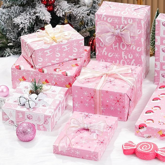 PlandRichW Pink Christmas Wrapping Paper 12 Sheets Folded for Girls Kids Adults, 20 x 29 inches Gift Wrap 4 Designs including HO Prints, Santa Claus, Snowflakes and Reindeer Holiday Collection