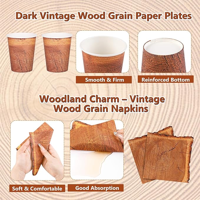 96 Pieces Wood Grain Slice Tableware Sets Rustic Wood Party Supplies Including Paper Plates, Napkins, Cups, Serves 24 for Camping Birthday Hunting Forest Party Decorations