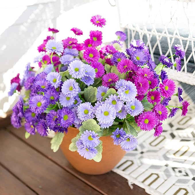 HyeFlora Dahlia Artificial Flowers for Outdoors Winter Decoration, 6 Bundles Fake Daisy Faux Plants Realistic UV Resistant Silk Flowers for Outside Planter Front Door Yard Garden Indoor Home, Mix