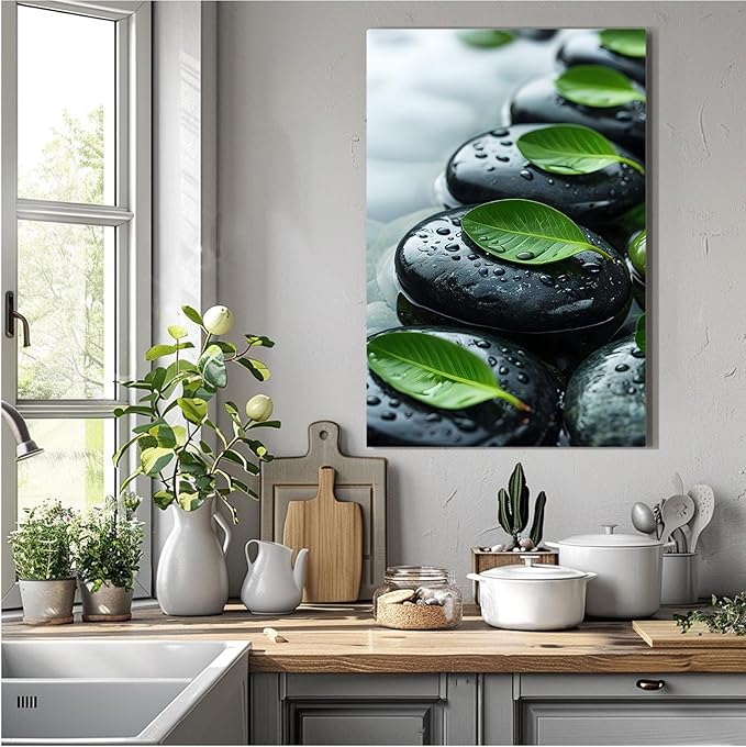 Glittering black stone cluster with fresh green leaves and water drops poster tranquil mist rain wall art zen wall art suitable for modern minimalist home decor 16x24in Frameless