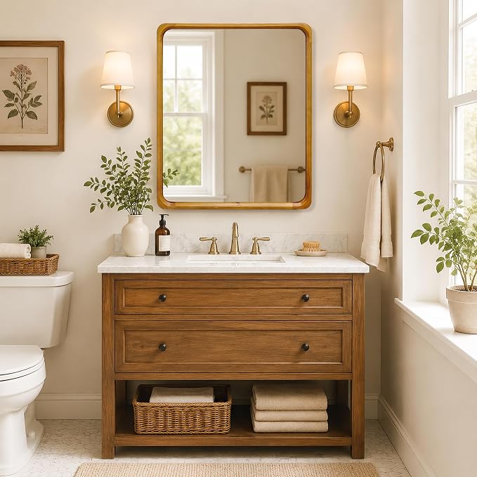 Tanmicoshomy Natural Wood Bathroom Mirror 30 x 36 Inch, Rectangle Mirrors with Tempered Glass for Living Room Bedroom or Entryway