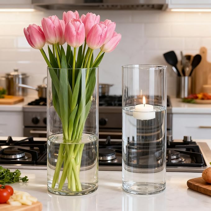 2 Pack Acrylic Cylinder Vases, Non-breakable Vase for Centerpieces, 10 inch Tall Clear Flower Vase Bulk Floating Candle Holder for Wedding Table Home Decor and Party