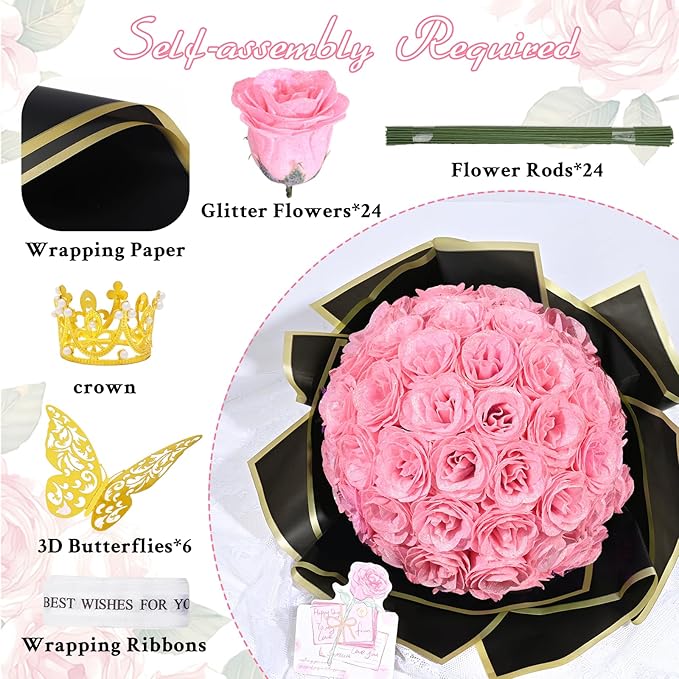 Waipfaru Pink Glitter Roses Bouquet, DIY Fake Flowers Bouquet, Everlasting Shiny Artificial Rose Bouquet for Valentine's Day, Anniversary, Engagement, Wedding, 24 Roses