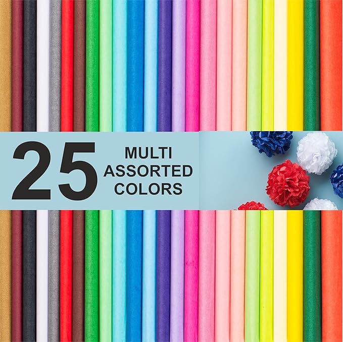Gift Tissue Paper for Gift Bags - Tissue Paper Bulk | 25 Assorted Colors 300 Sheets 20x26 Inch | Premium Quality Bold Colored for Crafts, Wrapping, Packaging, Birthday, Holiday, Christmas