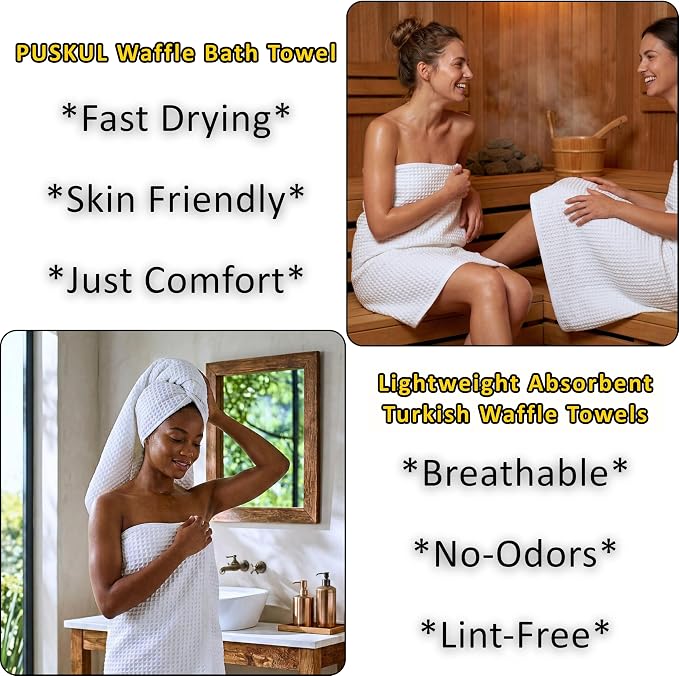 PÜSKÜL 2-Piece White Waffle Bath Towels for Bathroom | Natural 100% Turkish Cotton Towel | Soft Absorbent Quick-Dry Lightweight 32x63 Extra Large Turkish Bath Sheet (White Bath Towels - Pack of 2)